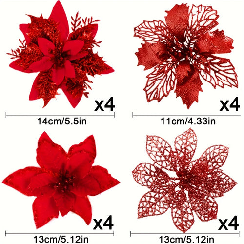 8/16Pcs Glitter Artificial Christmas Flowers Christmas Tree