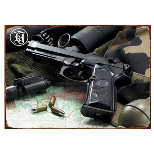 Pistol Metal Signs, Exuding Military Flair, Ideal As Wall Decoration