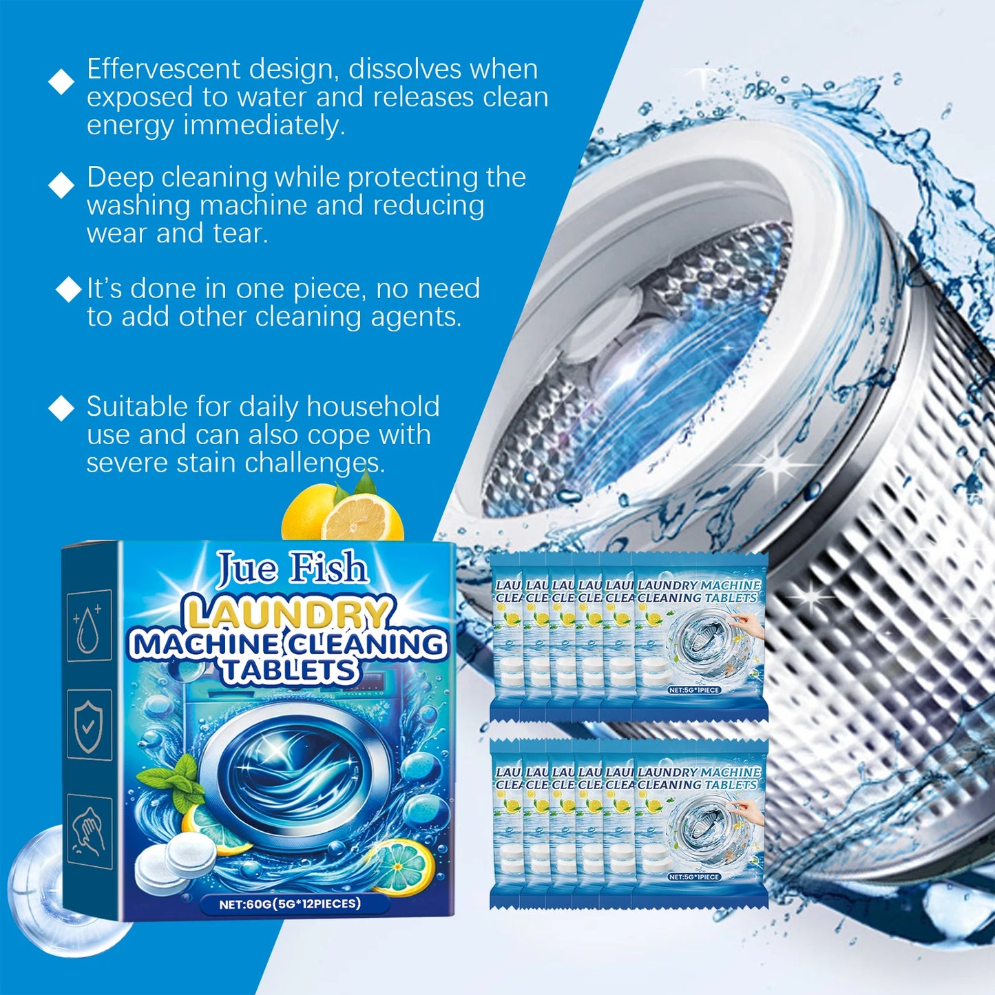 12PCS Washing Machine Cleaning Effervescent Tablets Deeply Cleans