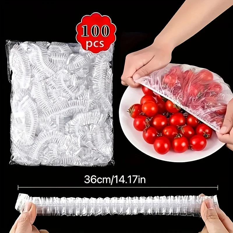 100pcs Reusable Elastic Food Covers - Transparent Stretchable Bowl