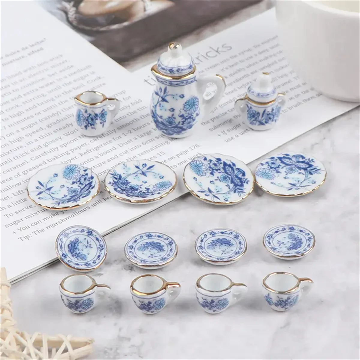 15Pcs/Set Vintage Miniature White Porcelain Tea Set Pot Cup Plate