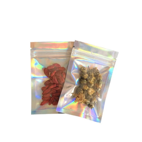100pcs Holographic Resealable Mylar Bags Ziplock Candy Suger Tee