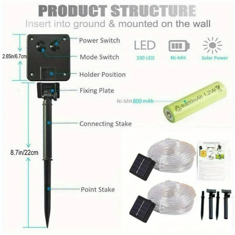LED Solar String Lights Garden Waterproof Tube Rope Lamp Christmas