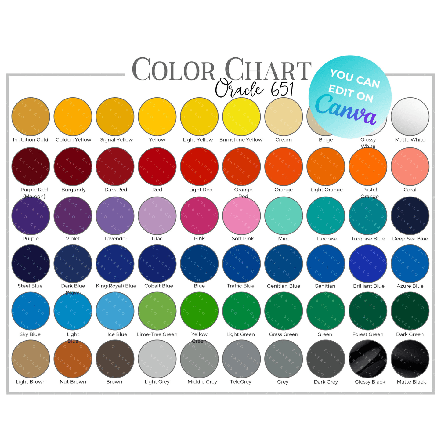 Oracle 651 Adhesive Vinyl Digital Download Color Chart (Customizable