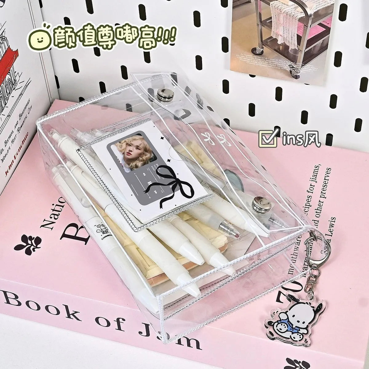 PVC transparent button pencil case large capacity vertical simple ins