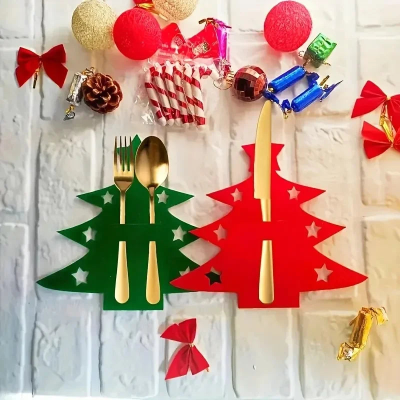 12Pcs Christmas Tree Shaped Felt Cutlery Mats With Stars Decor Durable