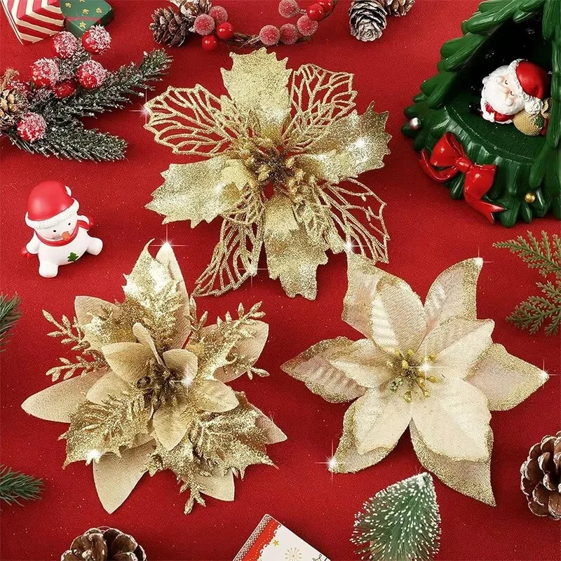 8/16Pcs Glitter Artificial Christmas Flowers Christmas Tree