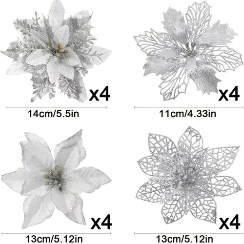 Gold Red Christmas Decoration Glitter Artifical Flowers Christmas Tree