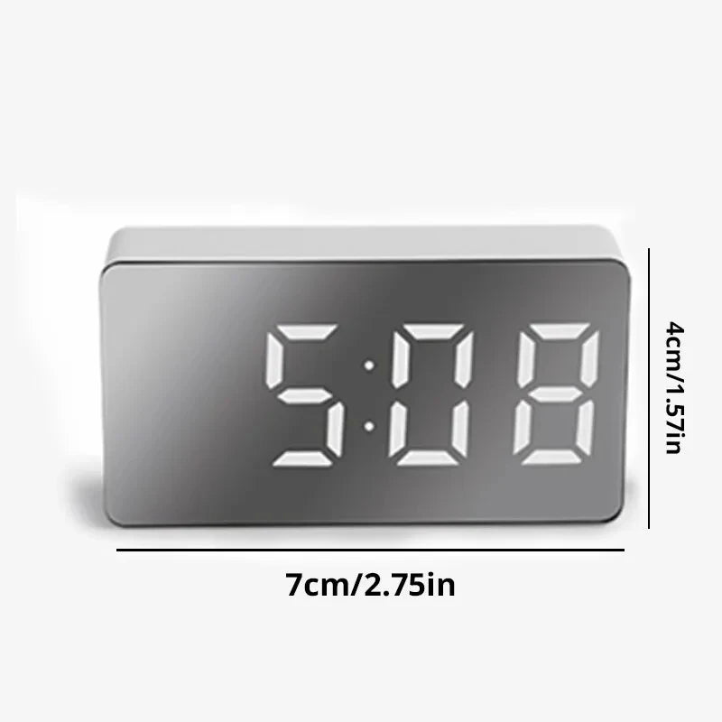 1Pc White LED Mirror Table Clock Snooze Display Time Night Light