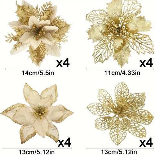 Gold Red Christmas Decoration Glitter Artifical Flowers Christmas Tree