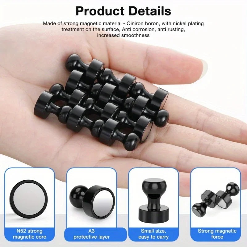 Black Neodymium Magnetic Push Pins - Strong Refrigerator & Whiteboard