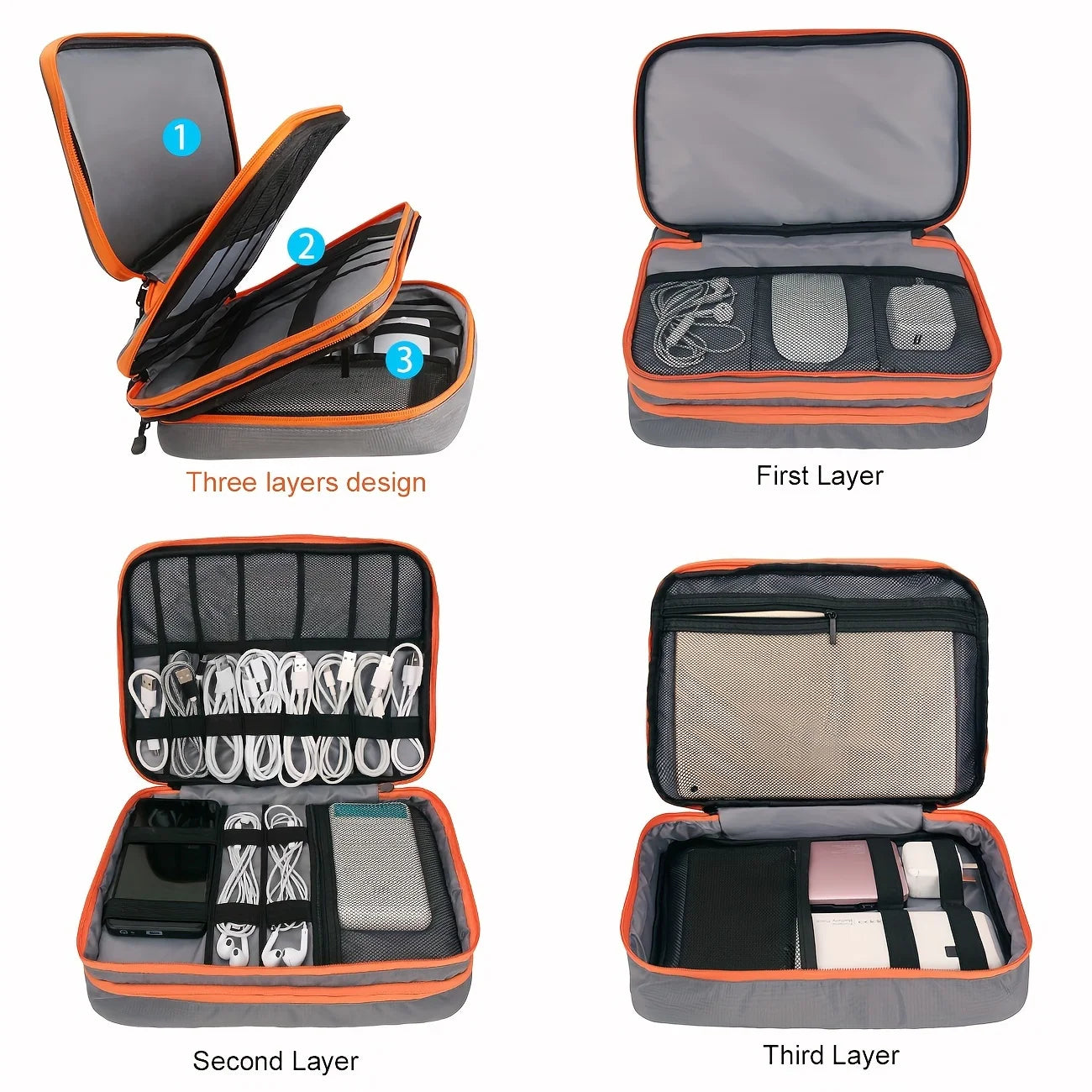 Portable USB Data Line Charger Storage Bag Travel Multi Layer Cable