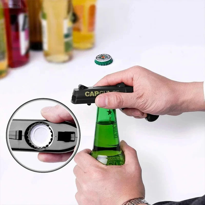 Portable Cap Gun Creative Flying Cap Launcher Beer Opener Bar Tools
