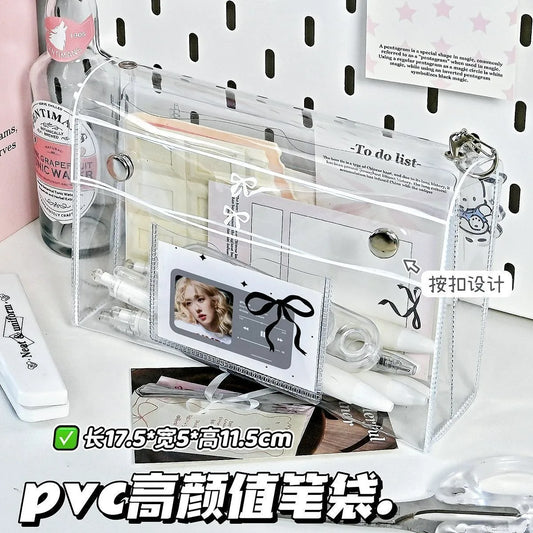 PVC transparent button pencil case large capacity vertical simple ins