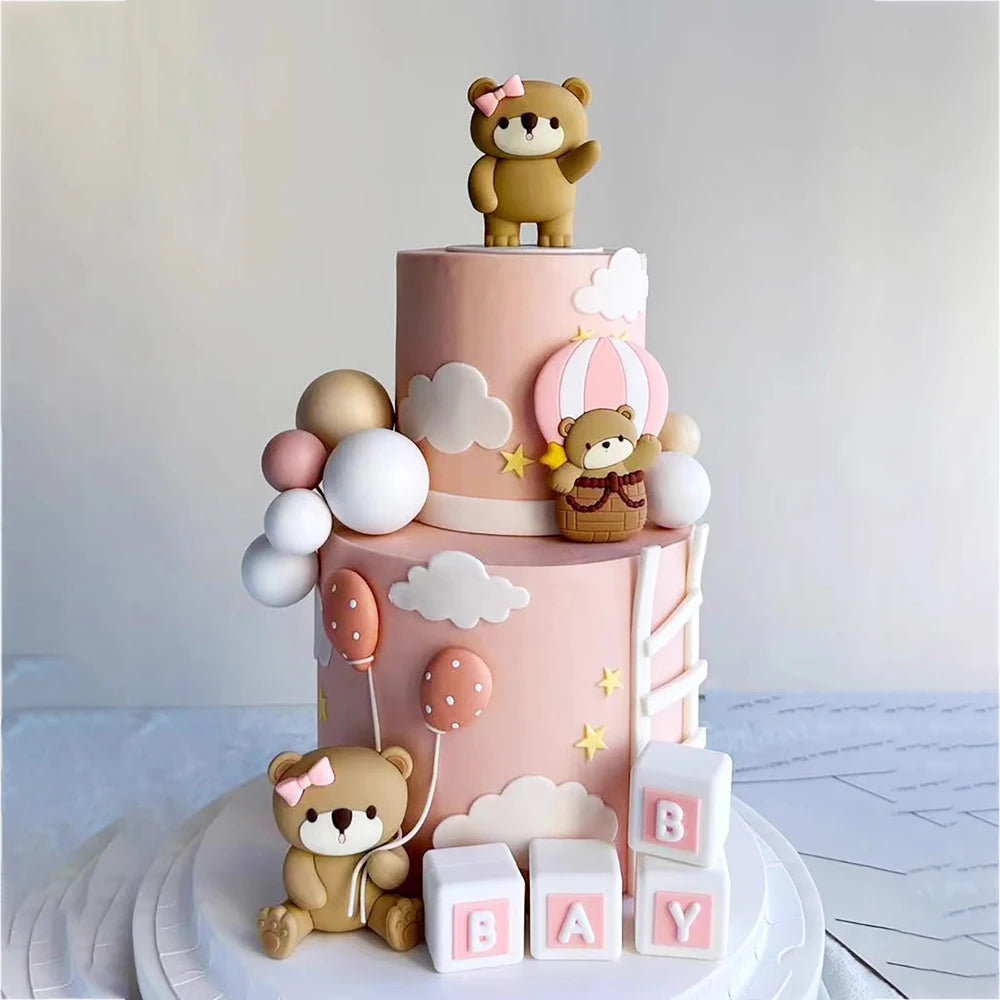 New 3D Bear Cake Topper Baby Shower Bear Decoration Boy Girl Happy 1st