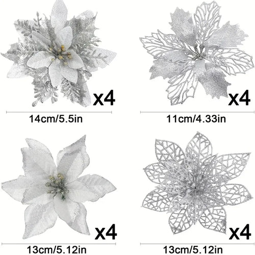 Gold Red Christmas Decoration Glitter Artifical Flowers Christmas Tree