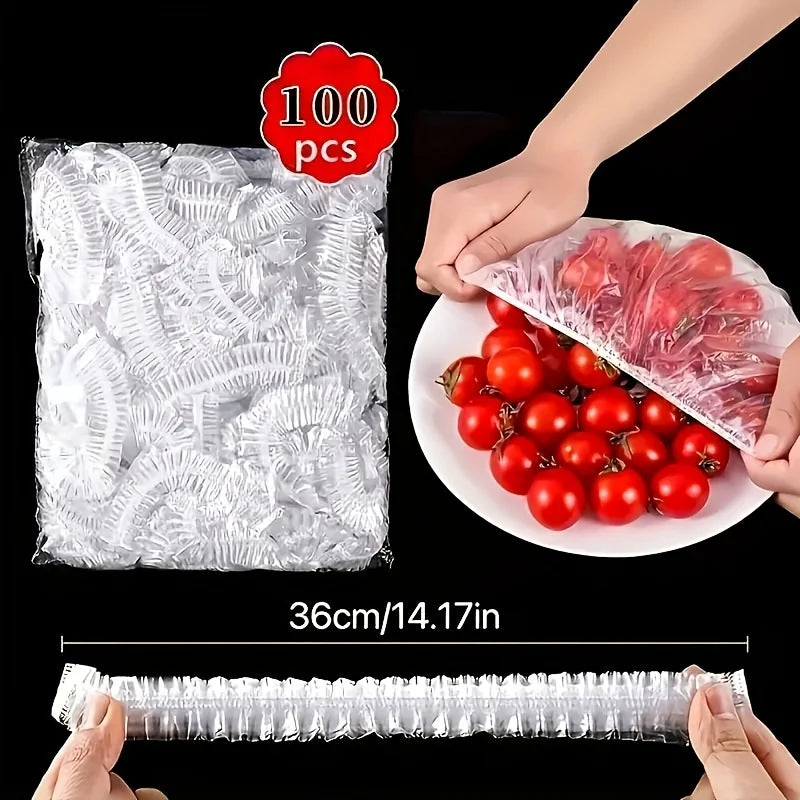 100pcs Reusable Elastic Food Covers - Transparent Stretchable Bowl