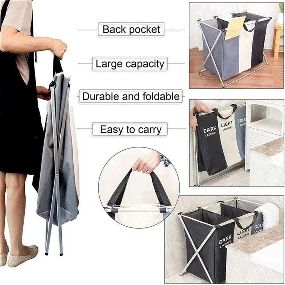 3 Grids Laundry Basket Foldable Dirty Clothes Organizer Bathroom