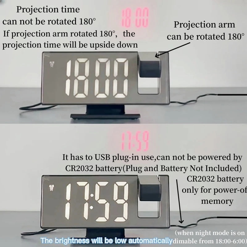 180° Arm Projection Alarm Clock Time Temperature USB Plug-in Digital