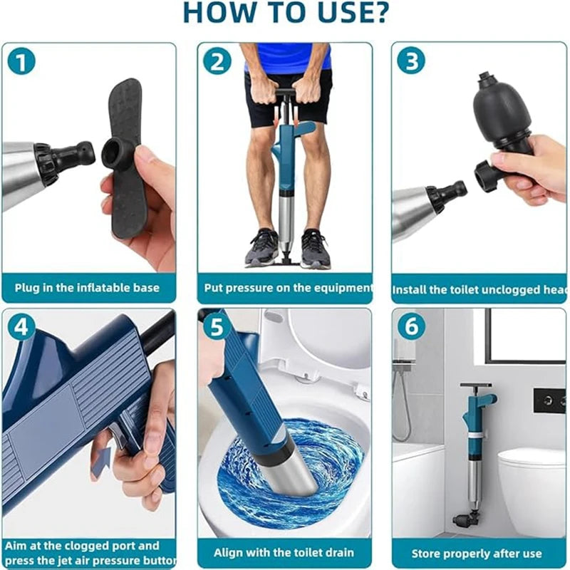 Pneumatic High-pressure Drain Blaster Tool Set, Stainless Steel Toilet