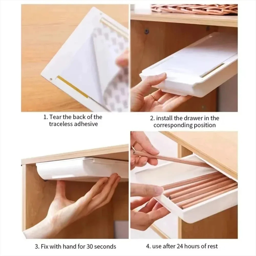 Hidden storage box, desk storage drawer, self-adhesive plastic desktop