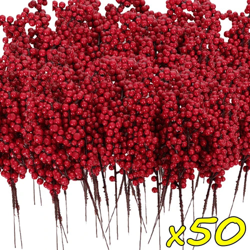 50/1branch Christmas Artificial Berries Stem Red Holly Berry Fake