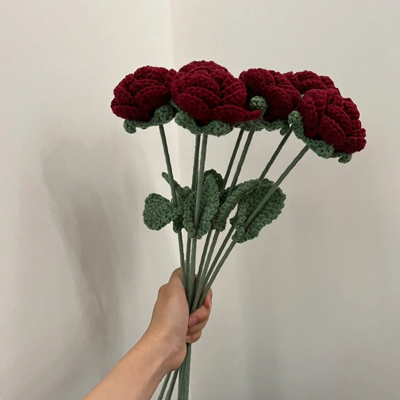 Fake Rose Flowers Hand Knitting Wool Bouquet Crochet Woven Flower