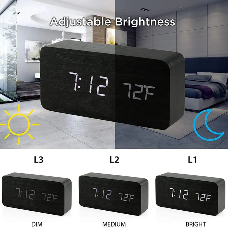 Wooden Digital Alarm Clock, LED Alarm Clock with Temperature Desk