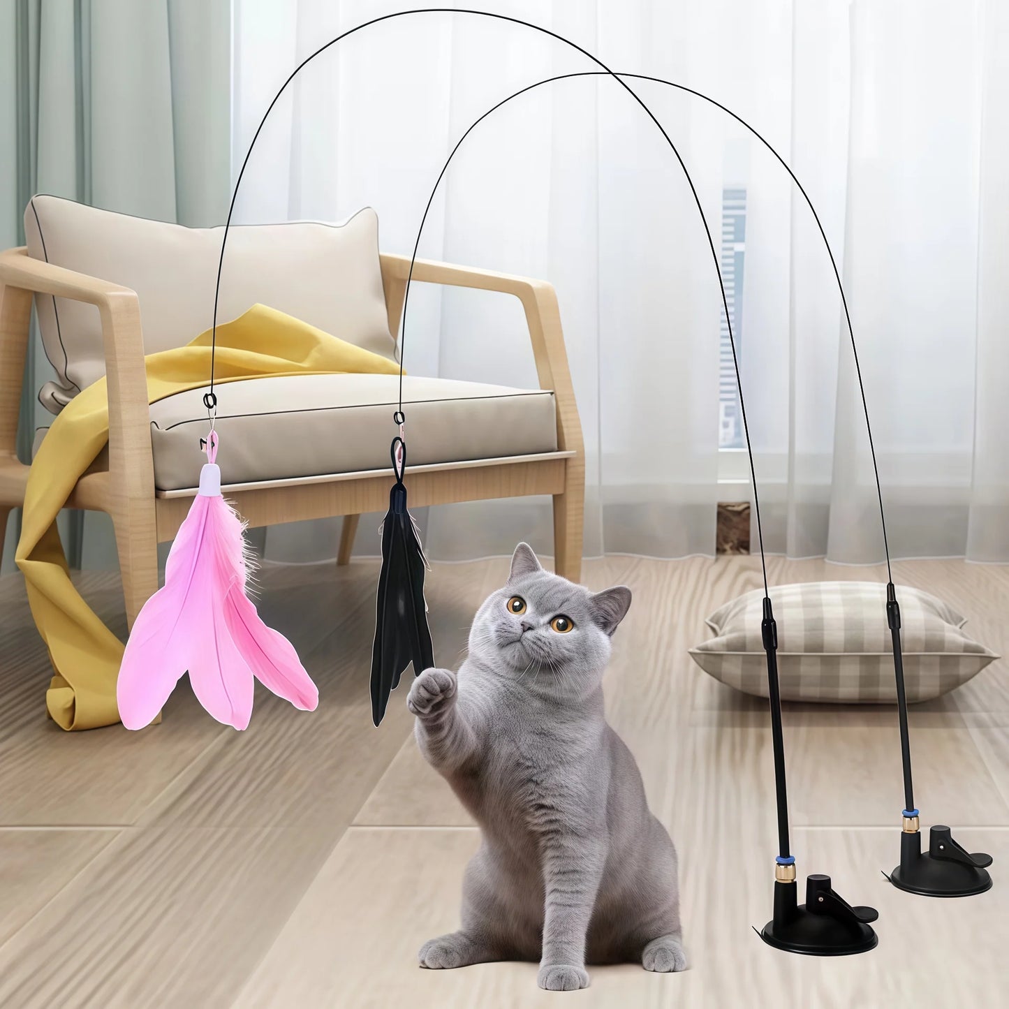 Cat Teaser Toy Cat Teaser Pole With Feather Bell Extended Rod Suction
