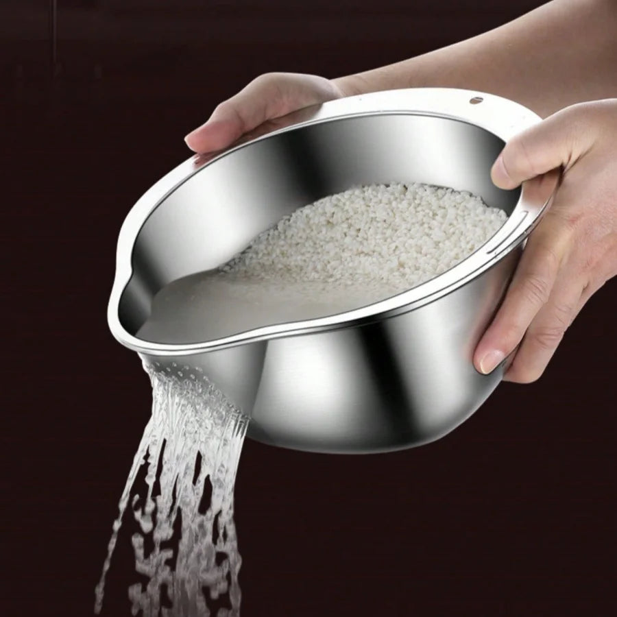 Rice Vegetable Washing Basket Strainer Stainless Steel Bowl Tray Wash
