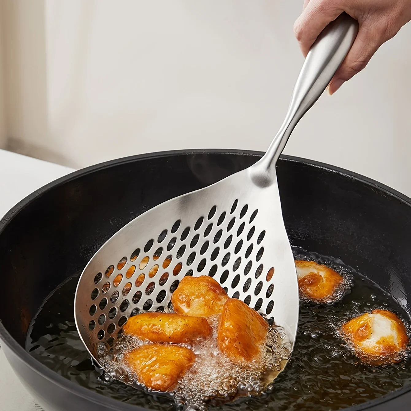 1pc Large Durable Stainless Steel Colander Skimmer Spoon, Heavy Duty