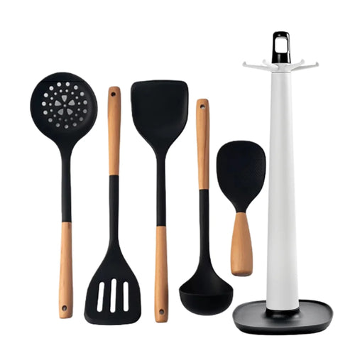 Silicone Kitchen Utensils Set Wooden Handle Non-stick Spatula Cookware