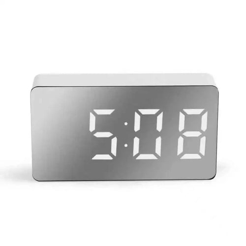 1Pc White LED Mirror Table Clock Snooze Display Time Night Light