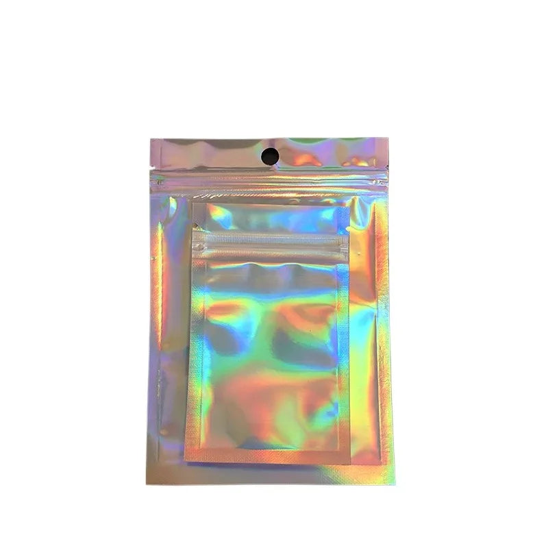 100pcs Holographic Resealable Mylar Bags Ziplock Candy Suger Tee