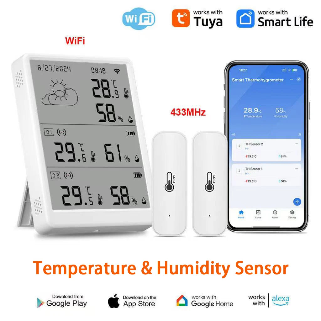 Tuya WiFi+RF433 Temperature And Humidity Sensor Sets Screen Display