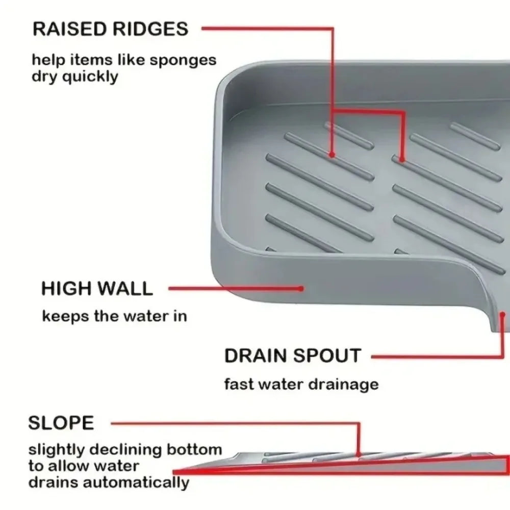 Sink Silicone Tray with Drain Soap Sponge Storage Holder Countertop