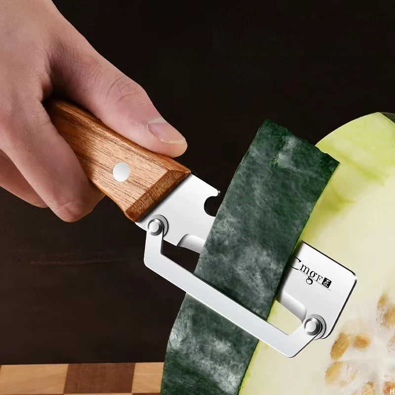 Stainless steel peeler with wooden handle for peeling and slicing