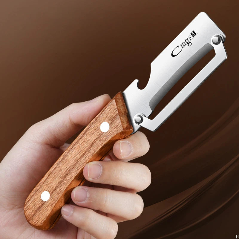 Stainless steel peeler with wooden handle for peeling and slicing