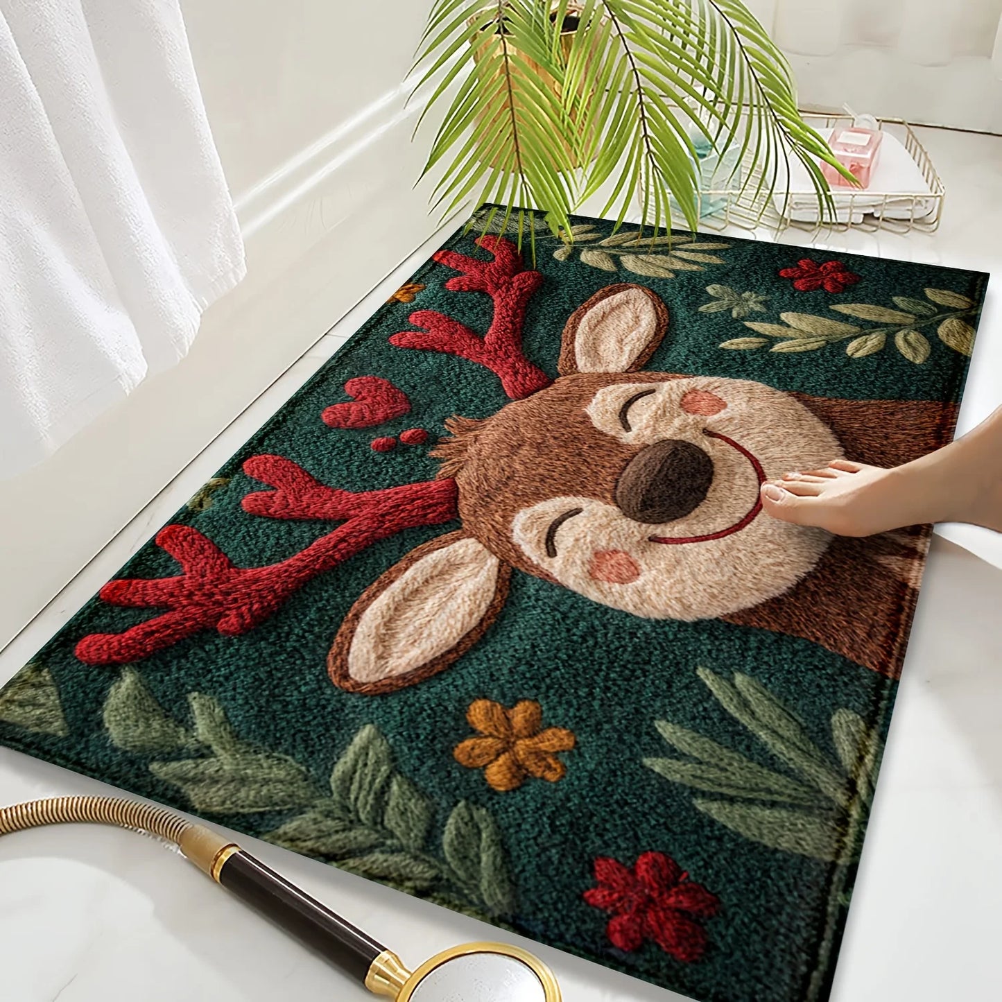 1pc Fluffy Christmas Deer Microfiber Bath Mat - Quick-Dry & Absorbent,