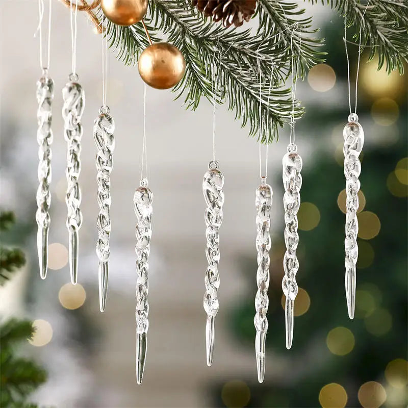 12/24Pcs Crystal Snowflake Clear Simulation Ice Pendants Xmas Tree
