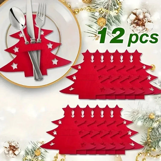 12Pcs Christmas Tree Shaped Felt Cutlery Mats With Stars Decor Durable