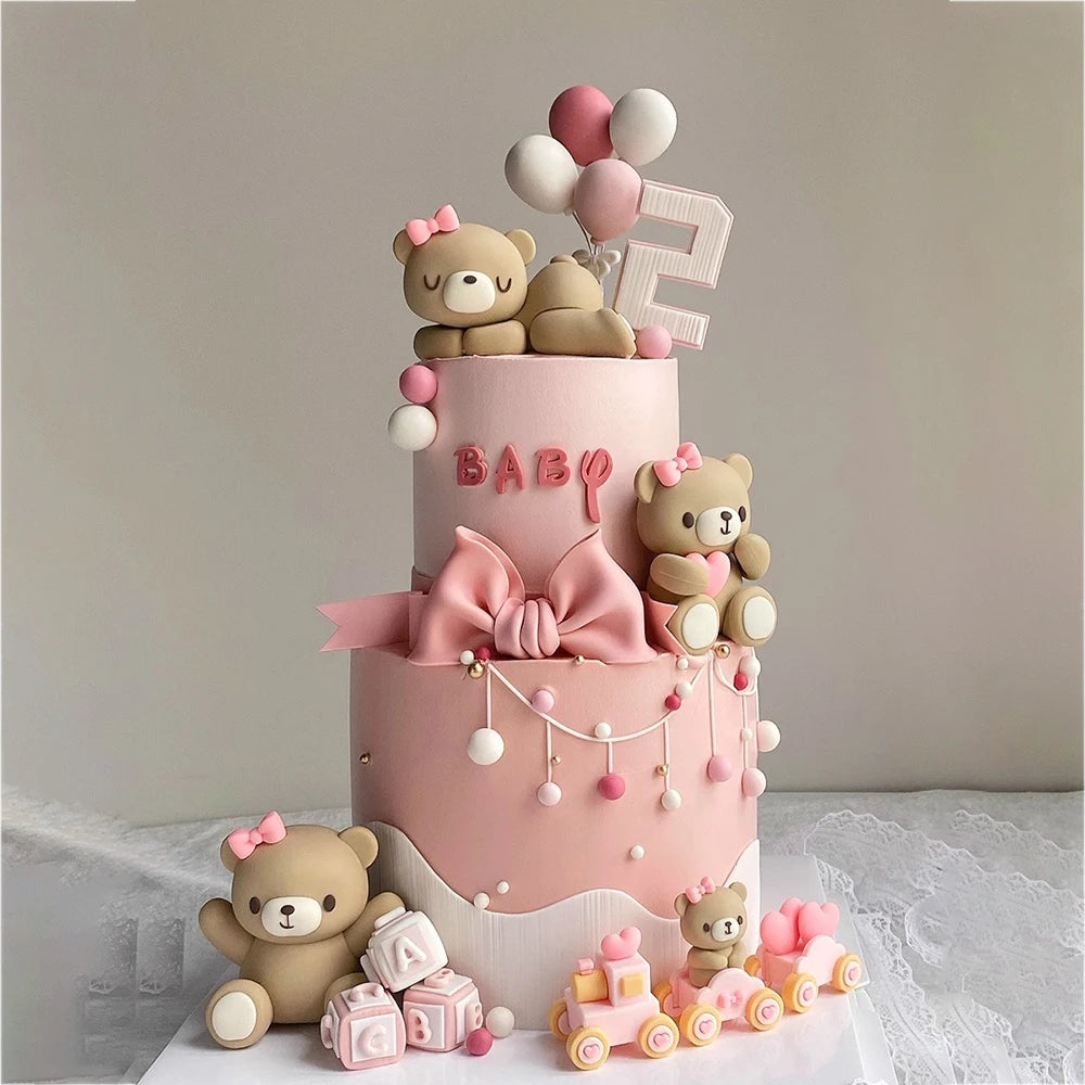 New 3D Bear Cake Topper Baby Shower Bear Decoration Boy Girl Happy 1st
