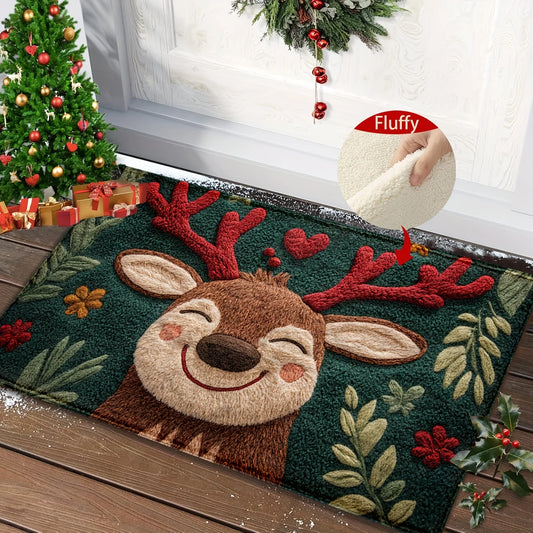1pc Fluffy Christmas Deer Microfiber Bath Mat - Quick-Dry & Absorbent,