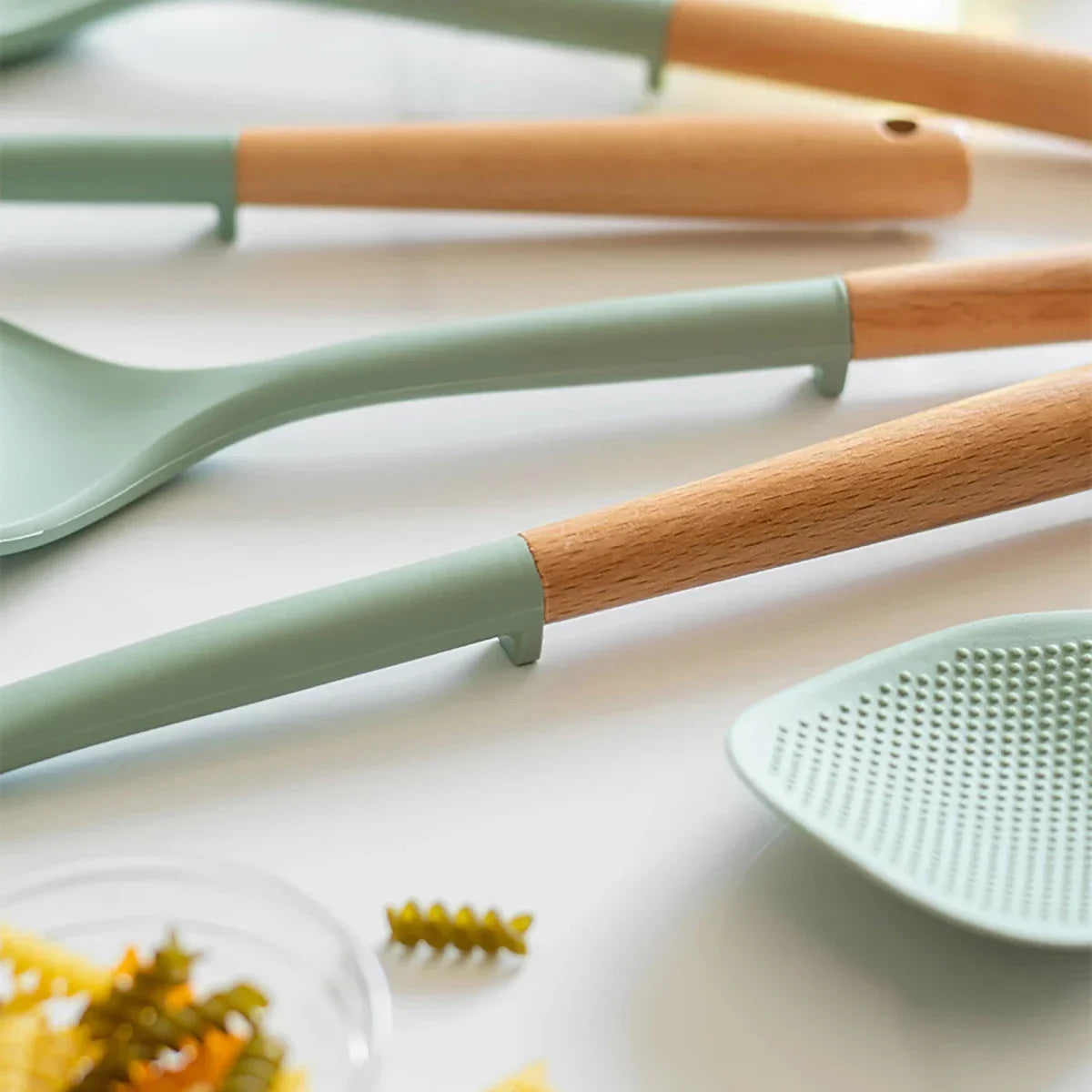 Silicone Kitchen Utensils Set Wooden Handle Non-stick Spatula Cookware