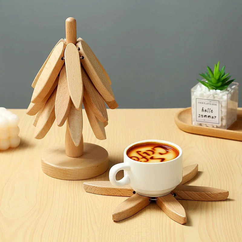 4PCS Tree Design Stand Bamboo Wooden Trivets Decorative Anti Scald