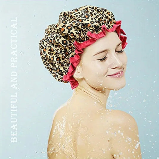 Waterproof Shower Cap for Women – Leopard Print Reusable Bath Hat to