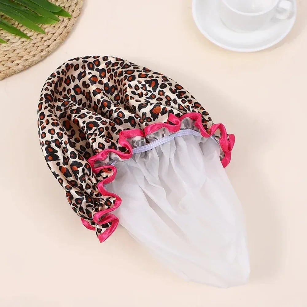 Waterproof Shower Cap for Women – Leopard Print Reusable Bath Hat to