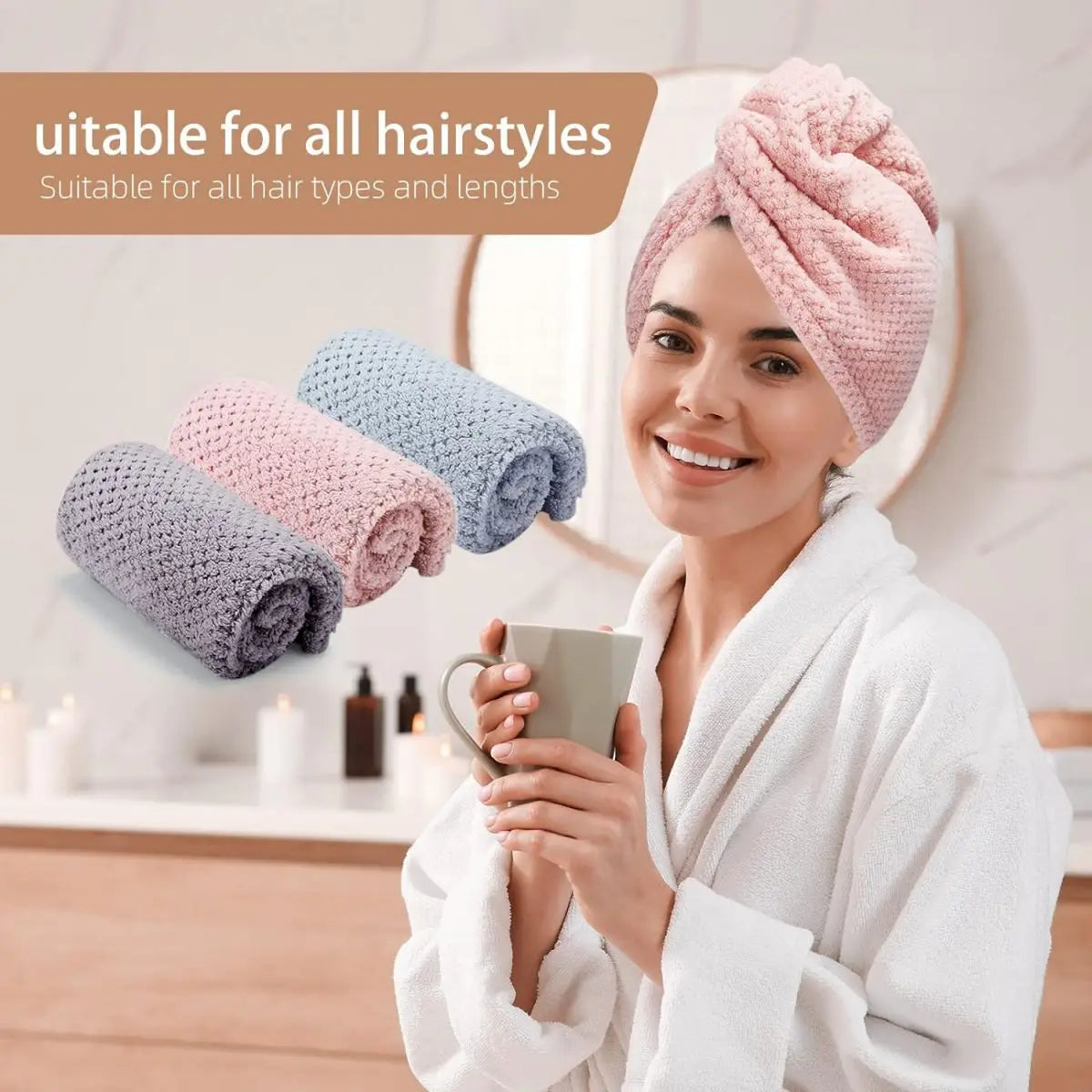 Solid color hair towel Textured dry hair cap 9.8 "X 25.5" absorbent