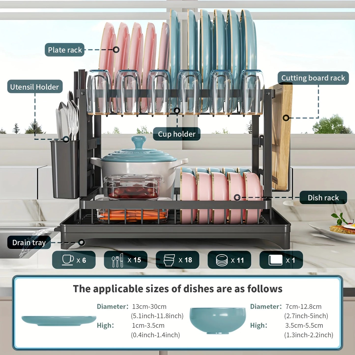 Dish Drying Rack, 2 Tier Large Dish Drying Rack for Kitchen Counter