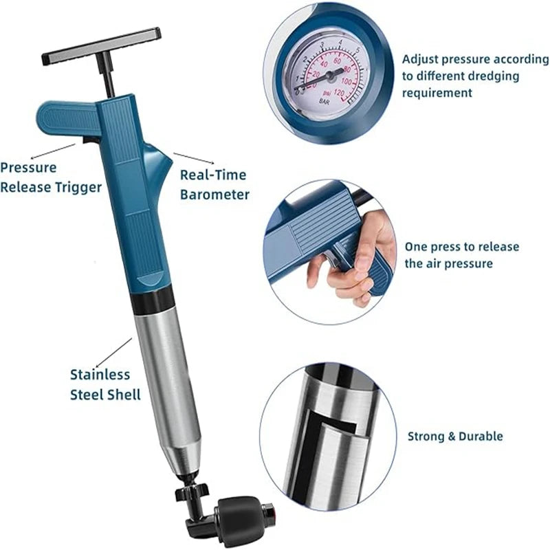Pneumatic High-pressure Drain Blaster Tool Set, Stainless Steel Toilet